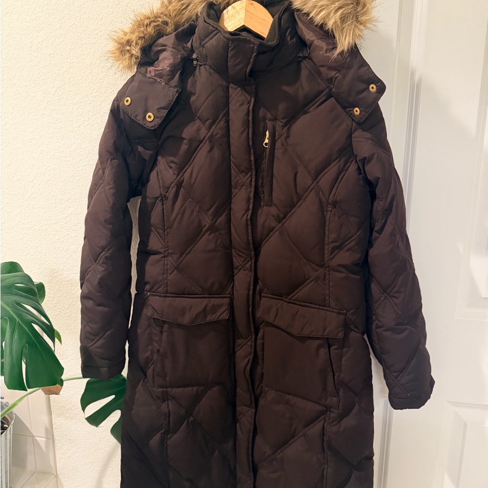 Lands' End Women's Chocolate Puffer Coat with Faux Fur Trim